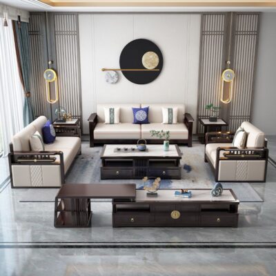 Sofa gỗ nguyên khối kiểu Trung Quốc mới kết hợp phòng khách tối giản hiện đại kích thước biệt thự căn hộ ánh sáng sang trọng phong cách Trung Quốc tất cả đồ nội thất bằng gỗ nguyên khối