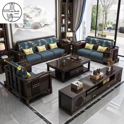 Phong cách Trung Quốc mới tất cả ghế sofa bằng gỗ nguyên khối kết hợp hiện đại tối giản Đẹp sang trọng bằng gỗ cao su phòng khách căn hộ lớn và nhỏ đầy đủ bộ bàn ghế
