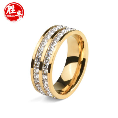 Điểm Âu Mỹ Cổ Điển Thời Trang Hợp Thời Trang Thép Titan Nhẫn Nữ Vàng 18K Bản Rộng Đôi Hàng Kim Cương Đầy Sao Nhẫn
