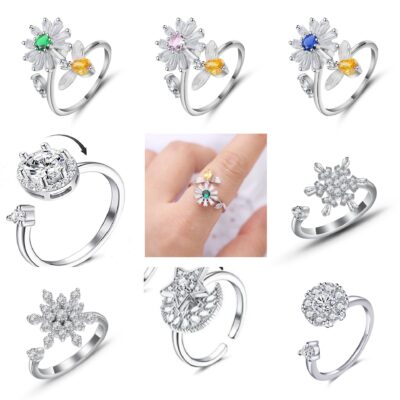Nhẫn zircon mạ bạc bán buôn quốc tế Châu Âu và Hoa Kỳ có thể điều chỉnh xoay để giảm bớt lo lắng, căng thẳng