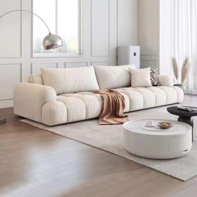 Sofa vải phồng kem Pháp căn hộ nhỏ phòng khách tối giản kẹo bông thiết kế thẳng hàng ba người