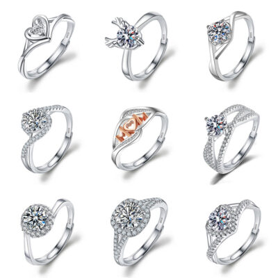Sống quốc tế giả S925 sterling bạc moissanite nhẫn nữ mở đầu có thể điều chỉnh sáu móng zircon nhẫn cưới nhẫn kim cương