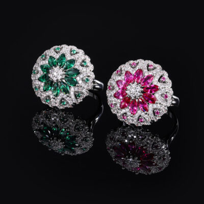 Pháp Mới Tinh Tế Xanh Tourmaline Nhẫn Đầy Kim Cương Đỏ Nhẫn Hoa Đẹp Sang Trọng Pha Lê Xanh Nhẫn Đính Đá Zircon