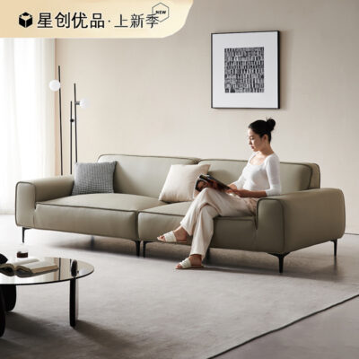 Sofa da bò lớn màu đen Xiatu phong cách Ý cực kỳ đơn giản hàng ba người thiết kế ghế sofa chân cao khối đậu phụ