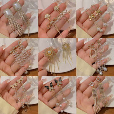 Tua Dài Zircon Móng Vuốt Dây Chuyền Bông Tai Nữ S925 Bạc Kim Ánh Sáng Sang Trọng Đa Năng Bông Tai Phong Cách Lạnh Bông Tai Hợp Thời Trang