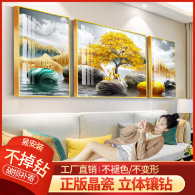 Tranh sứ pha lê bán buôn ánh sáng sang trọng Bắc Âu không khí hiện đại trang trí phòng khách tranh sofa nền tranh treo tường bộ tranh ba bức tranh