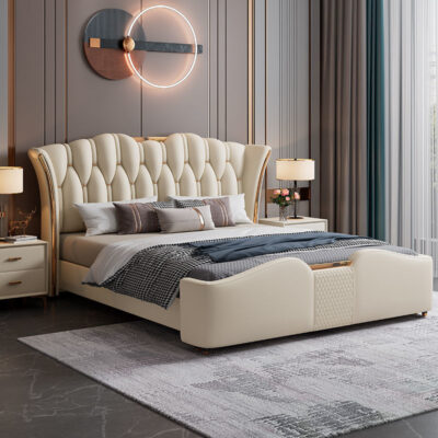 Giường da hiện đại tối giản nhẹ nhàng sang trọng 1,5m giường hôn nhân phòng ngủ chính và phụ giường đôi bằng gỗ nguyên khối mềm mại