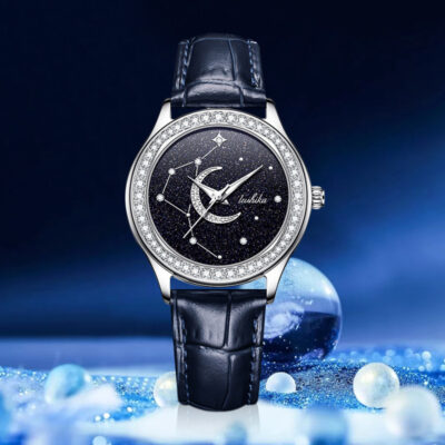 Đồng hồ nữ Douyin Explosive Blue Star Thời trang Đồng hồ thạch anh dạ quang nạm kim cương Đồng hồ đeo tay nữ bằng da thật không thấm nước Bán buôn