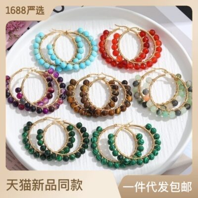 Bông tai dây quấn bằng thép không gỉ bằng đá tự nhiên thiết kế bông tai đính cườm cảm giác cao cấp bông tai cảm giác màu sắc retro bông tai stud đa năng