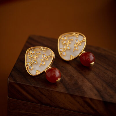 Retro Bông Tai Tình Yêu Nữ Tính Đa Năng Phong Cách Cung Điện Bông Tai Mã Não Đỏ Nhẹ Sang Trọng Cao Cấp Thiết Kế Ngách Bông Tai