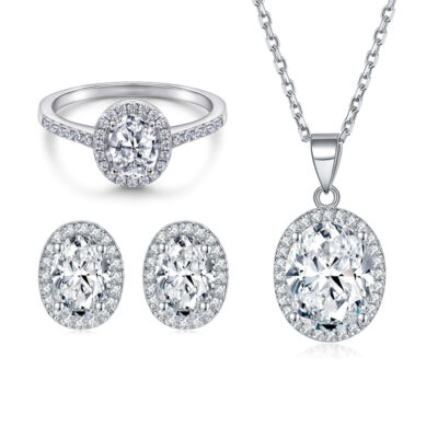 Bộ Trang Sức Trang Sức Bộ 3 Zircon Kim Cương S925 Nhẫn Bạc Vòng Cổ Nữ Bông Tai Bạc