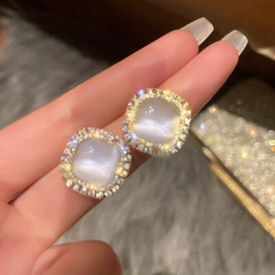 925 bạc kim rhinestone cắt opal bông tai nhỏ cao cấp ý nghĩa bông tai lưới đỏ ins mới bông tai nữ tính