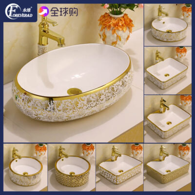 Phong Cách Châu Âu Mạ Điện Chậu Rửa Mặt Gốm Phòng Tắm Chậu Rửa Mặt Màu Vàng Lưu Vực Hoa Vàng Lưu Vực Bàn Ánh Sáng Vàng Sang Trọng Mặt Bàn Lưu Vực