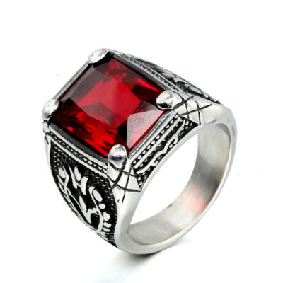 Nhẫn Châu Âu Và Mỹ Mới Punk Retro Khảm Nhiều Màu Đá Quý Họa Tiết Hoa Tulip Nhẫn Nhẫn Nam Thép Không Gỉ 316