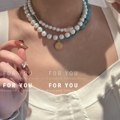 Màu Xanh Ngọc Vòng Cổ Ngọc Trai Khâu Tròn Retro Thẻ Mặt Dây Chuyền Quỷ Thiên Thần Mắt Xương Đòn Chuỗi Xếp Chồng Lên Nhau Chuỗi Xương Đòn