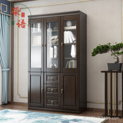 Tủ sách bằng gỗ nguyên khối kiểu Trung Quốc mới kết hợp Tủ sách từ sàn đến trần hiện đại của Trung Quốc toàn bộ bức tường Zen có cửa tủ khóa cửa kính