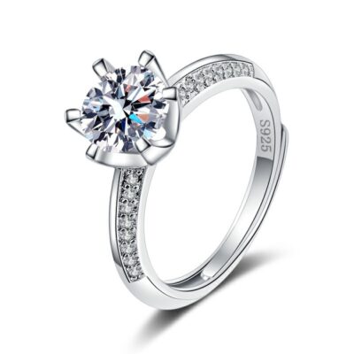 Nhẫn bạc s925 Kim cương Moissanite cổ điển sáu móng vuốt nửa tường sông núi nhẫn cặp đôi cầu hôn Nhẫn nữ mở ngày lễ tình nhân Qixi