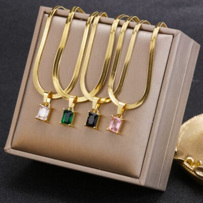 Mới Đơn Giản Bằng Thép Không Gỉ Phẳng Xương Rắn Dây Chuyền Lưỡi Chuỗi Cube Zircon Ngọc Lục Bảo Mặt Dây Chuyền Vòng Cổ Vòng Tay Nữ