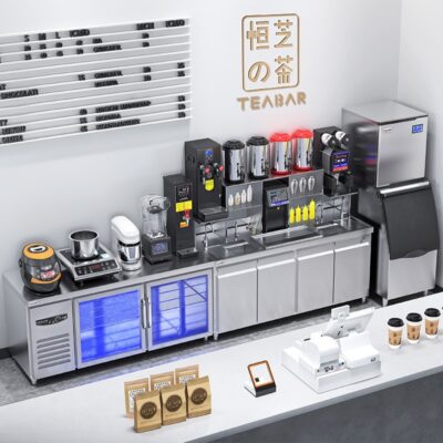 Thiết bị cửa hàng trà sữa trọn bộ mua sắm một lần bàn làm việc giữ lạnh tươi thương mại bàn thao tác bằng thép không gỉ thanh nước