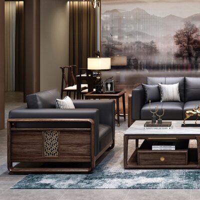 Mới kiểu Trung Quốc chắc chắn sofa gỗ kết hợp gỗ mun ánh sáng sang trọng sofa da biệt thự hiện đại lớn nội thất phòng khách