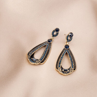 Kim Bạc Retro Dài Full Kim Cương Giọt Nước Bông Tai Baroque Tinh Tế Màu Xanh Kim Cương Giả Bông Tai Bông Tai