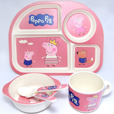 Sợi Tre Trẻ Em Bộ Đồ Ăn Cho Bé Mẫu Giáo Chia Hình Heo Con Đĩa Trẻ Em Bát Thìa Năm Món Kết Hợp Peggy