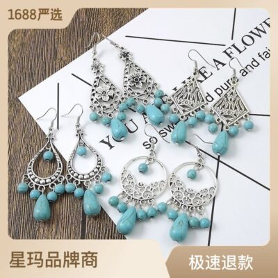 Tây Tạng Nepal Vân Nam Thiểu Số Trang Sức Tây Tạng Cổ Điển Retro Miêu Bạc Bông Tai Ngọc Lam F3048