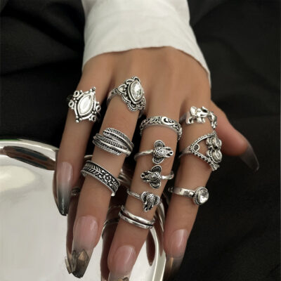 INS gió quốc tế retro giả đá quý kim cương voi Bộ nhẫn lá lông gạch nhẫn 11 món