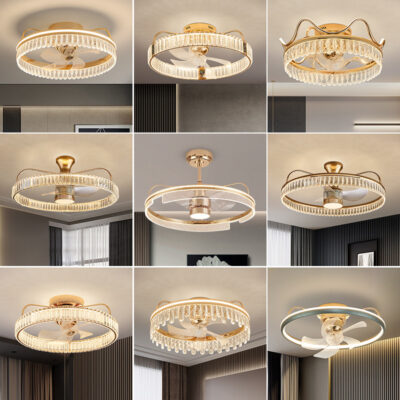 Vương miện pha lê trần lắc đầu đèn quạt hiện đại tối giản phòng ngủ công chúa phòng đèn quạt điện phòng khách sang trọng đèn quạt trần