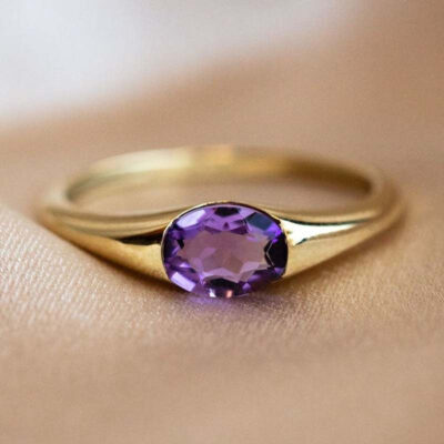 Nhẫn vàng 18K thời trang đơn giản xuyên biên giới châu Âu và châu Mỹ mới được khảm đá quý màu tím cho nữ