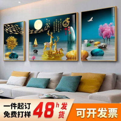 Ánh sáng hiện đại sang trọng trang trí phòng khách sơn cảm giác sofa mới nền tường treo bức tranh trừu tượng nai sừng tấm bộ ba bức tranh tường