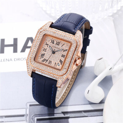 Đồng hồ nữ mặt vuông đầy sao Douyin phong cách bùng nổ đồng hồ nữ thạch anh chống thấm nước ánh sáng sang trọng phong cách Âu Mỹ đồng hồ nữ nạm kim cương