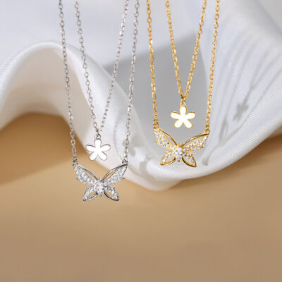 Mới 2 Lớp Bướm Hoa Zircon Vòng Cổ Nữ 925 Ánh Sáng Sang Trọng Thích Hợp Thiết Kế Cảm Giác Ins Đơn Giản Tính Khí Xương Đòn Dây Chuyền
