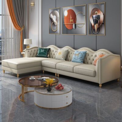 Ghế sofa góc da nhẹ sang trọng phòng khách căn hộ nhỏ hiện đại không khí cao cấp phong cách Mỹ kết hợp da bò lớp trên mới