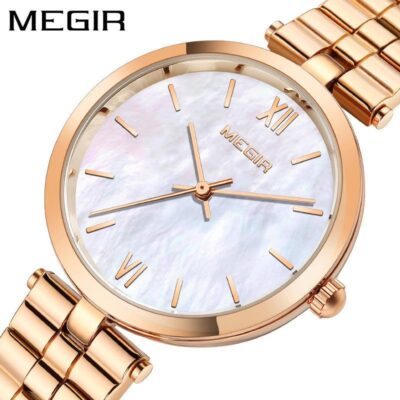 Megir thời trang mới thanh lịch đơn giản vỏ thép nguyên khối mặt mẹ phù hợp với đồng hồ bán buôn chống thấm nước dành cho nữ