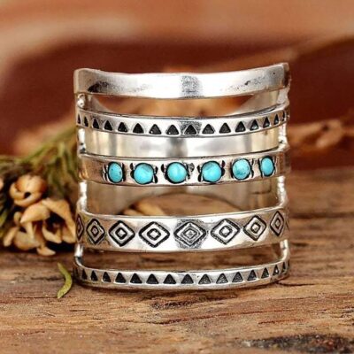 AliExpress Châu Âu Và Châu Mỹ Mới Phong Cách Bohemian Vòng Khắc Rỗng Retro Màu Xanh Ngọc Nhẫn Nhà Máy Tại Chỗ