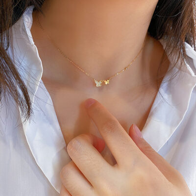 S925 sterling bạc mạ vàng vòng cổ nữ tính khí đơn giản mịn zircon đôi bướm mặt dây chuyền xương quai xanh dây chuyền nữ