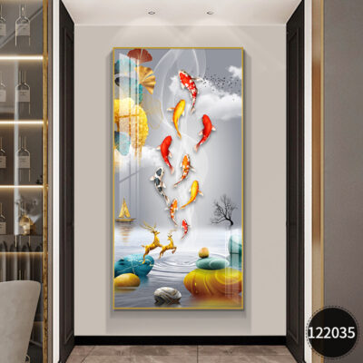 Bức tranh trang trí hiên nhà tối giản hiện đại hướng ra cửa hành lang lối đi bằng sứ pha lê treo tranh chín con cá hình ảnh ý nghĩa tranh tường tốt