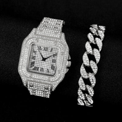 Thời trang nam Sang trọng Hip Hop Square Roman Diamond Steel Band Quartz Watch + Vòng tay kim cương Hip Hop hình bầu dục