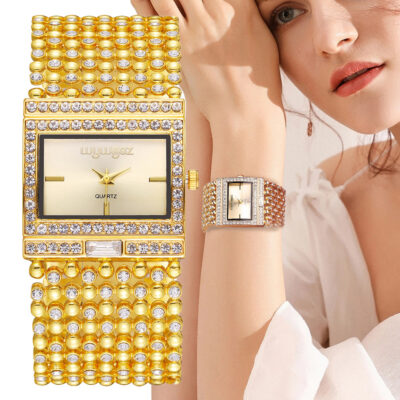 Thương hiệu thời trang nhẹ sang trọng nữ vuông thích hợp đồng hồ thạch anh bằng thép không gỉ bình thường đồng hồ kim cương