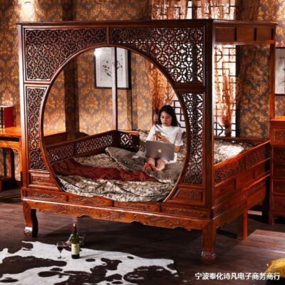 Giường đôi bằng gỗ nguyên khối chạm khắc giường kệ giường hang mặt trăng mới phong cách Trung Quốc cổ cây du đôi giường hôn nhân babu giường giường hang mặt trăng