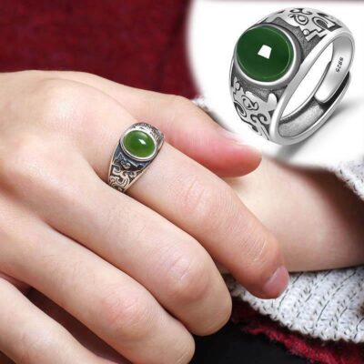 Giả Hetian ngọc jasper nhẫn bạc nam phong cách retro nhẫn ngọc lục bảo nhẫn nam ngọc lục bảo sống ngón đeo nhẫn