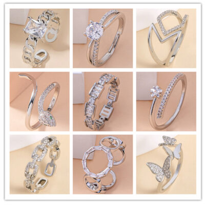 Xu hướng châu Âu và châu Mỹ trang sức có thể điều chỉnh hình chữ nhật nhẫn đá quý zircon Cuba dây chuyền nhẫn ngón trỏ nhẫn nữ