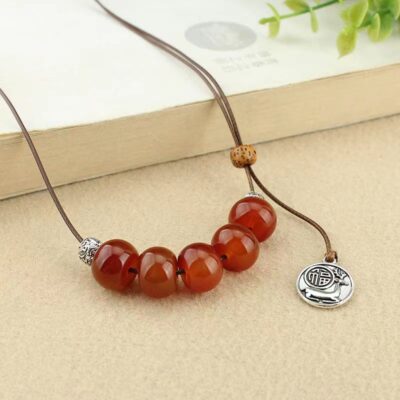 Phong Cách Dân Tộc Mã Não Đỏ Ngọc Chuyển Vòng Cổ Nữ Đơn Giản Retro Văn Học Dài Áo Len Dây Chuyền Vải Lanh Cotton Phát Sóng Trực Tiếp