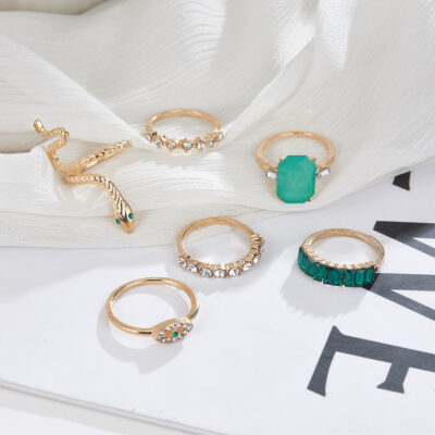 Âu Mỹ Xuyên Biên Giới Bohemian Nhẫn 6 Món Kết Hợp Phù Hợp Với Nhẫn Nhẫn Cá Tính Đá Quý Rắn Nhẫn