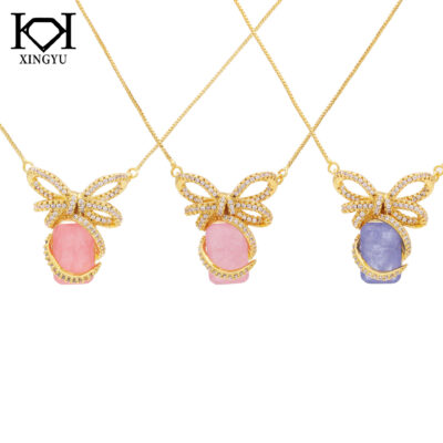 Douyin Sống Cao Cấp Nơ Ngọt Xương Đòn Dây Chuyền Zircon Pastel Kho Báu Bông Tai Mạ Đồng Vàng Thật Bộ Vòng Cổ
