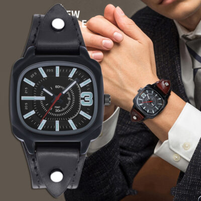 Đồng hồ đeo tay dây da bò lớp trên cùng xuất khẩu nam rung trực tiếp đồng hồ thạch anh nam hình vuông độc đoán còn hàng