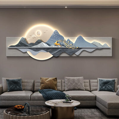 Ánh sáng hiện đại trang trí phòng khách sang trọng bức tranh phía sau có lưng ghế sofa nền tranh treo tường bầu không khí cao cấp nai sừng tấm treo bức tranh