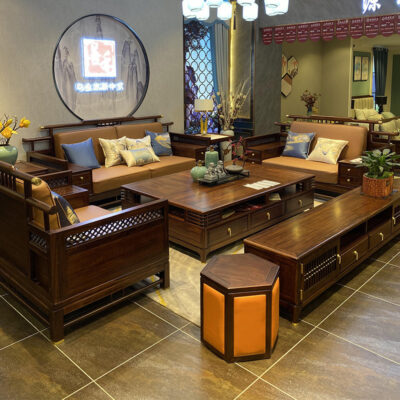 Mới kiểu Trung Quốc sofa gỗ mun gỗ tối giản hiện đại da căn hộ lớn kết hợp sofa gỗ nguyên khối phòng khách mẫu nội thất phòng