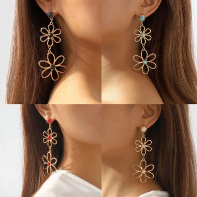 E11322 Thời Trang Châu Âu Và Châu Mỹ Rỗng Hoa Kim Loại Gió Bông Tai Retro Triều Đình Đơn Giản Xanh Ngọc Bông Tai Dài Cho Nữ